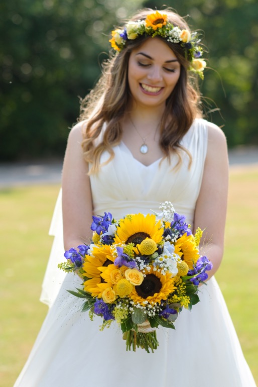 Whirlowbrook Hall wedding photographer bride with sunflower bouquet